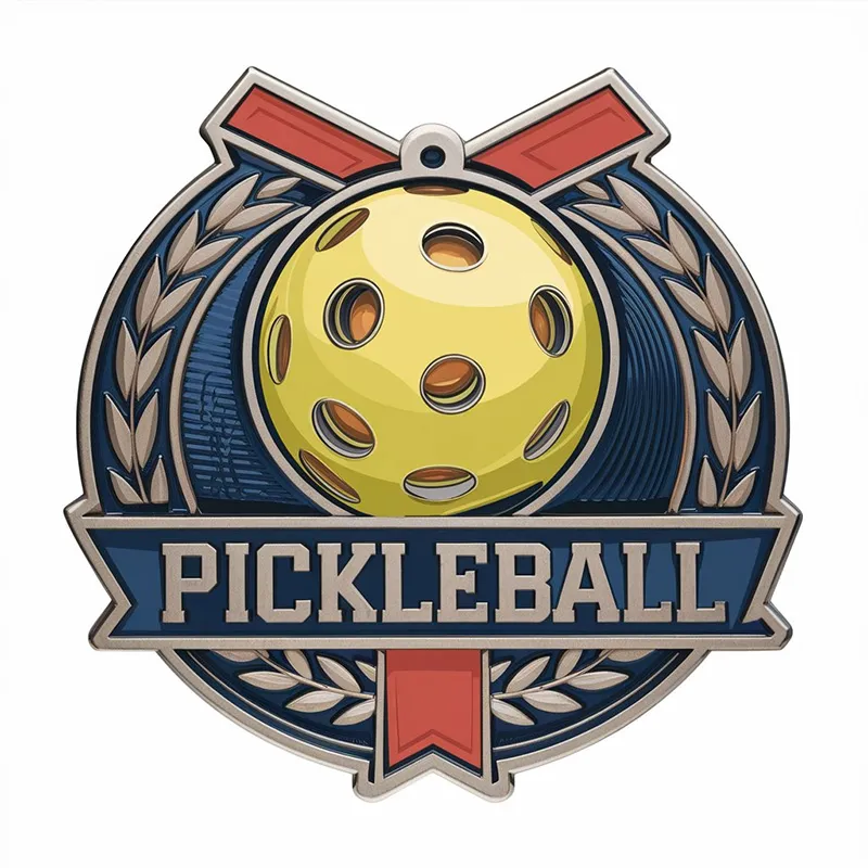 Una medaglia con il disegno del pickleball, che simboleggia i risultati ottenuti nello sport del pickleball.