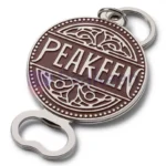Custom bottle opener keychain featuring the word "peekeen" elegantly displayed on its surface.