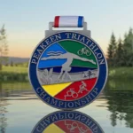 Individuelle Triathlon-Medaille mit blauem Band als Symbol für Leistung und sportliche Höchstleistungen.