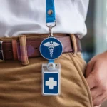 Ein Mann mit einem medizinischen Abzeichen an seinem Gürtel, der eine speziell angefertigte Krankenschwester-Abzeichenrolle zur beruflichen Identifizierung präsentiert.