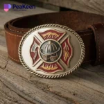 A belt buckle featuring a firefighter emblem, representing courage and commitment to firefighting.