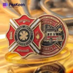 Distintivo dei vigili del fuoco con un suggestivo sfondo rosso e oro, che simboleggia il coraggio e il servizio nella lotta contro gli incendi.