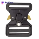 A sleek black belt buckle designed for military use