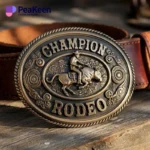 Eine Gürtelschnalle aus Messing mit der Aufschrift "Champion Rodeo", die ein klassisches Rodeo-Design zeigt.
