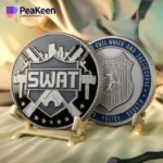 A SWAT team in tactical gear, showcasing their challenge coins, ready for action in a law enforcement setting.