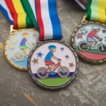 Drei Medaillen mit einem Jungen, der auf einem Balance-Bike fährt, um die Leistungen der jungen Radfahrer zu zeigen.