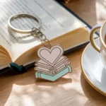 Ein Buch, eine Teetasse und ein Schlüsselbund mit einem herzförmigen Anhänger - perfekt für Bücherfreunde.