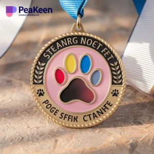 Eine Goldmedaille mit einer Hundepfote, mit der Leistungen in der Hundeausbildung oder im Zusammenhang mit Haustieren gewürdigt werden.