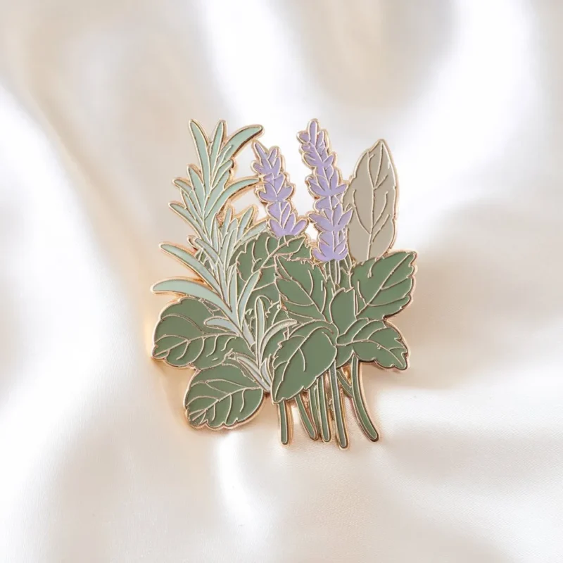 Eine dekorative Emaille-Anstecknadel, die eine Sammlung von Kräutern und Blättern zeigt und ein botanisches Thema hervorhebt.