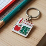 Ein Schlüsselanhänger für Lehrer, der einen roten Apfel und einen Bleistift an einem Metallring zeigt.