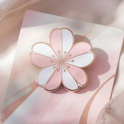 Un pin's en forme de fleur de Sakura en rose et blanc, présenté sur une carte élégante.
