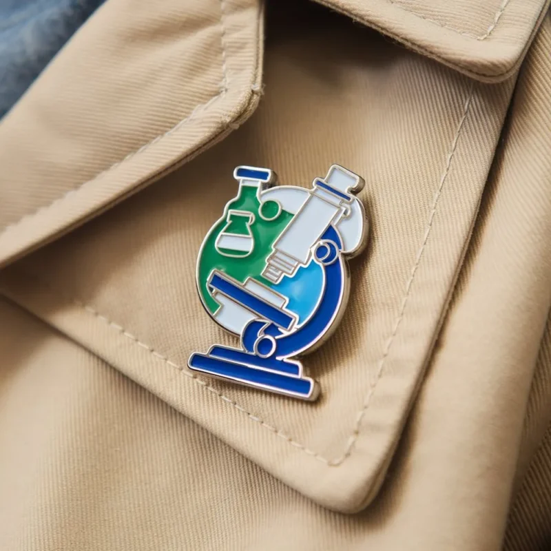 Eine Anstecknadel mit dem Bild eines Mikroskops als Symbol für Laborarbeit und wissenschaftliche Forschung.