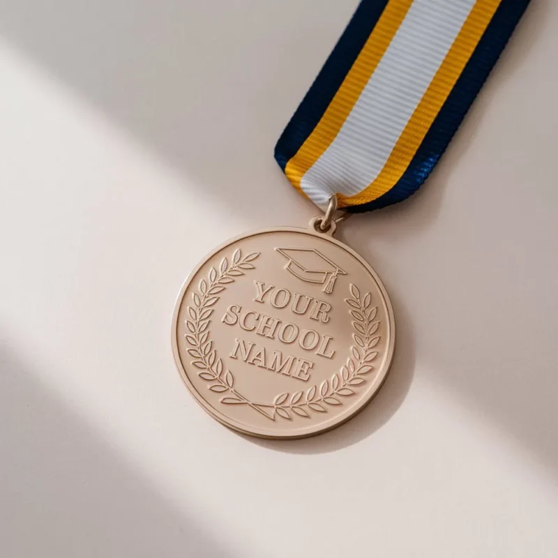 Modell einer Goldmedaille mit einem Band, das akademische Spitzenleistungen in einer Schule symbolisiert.