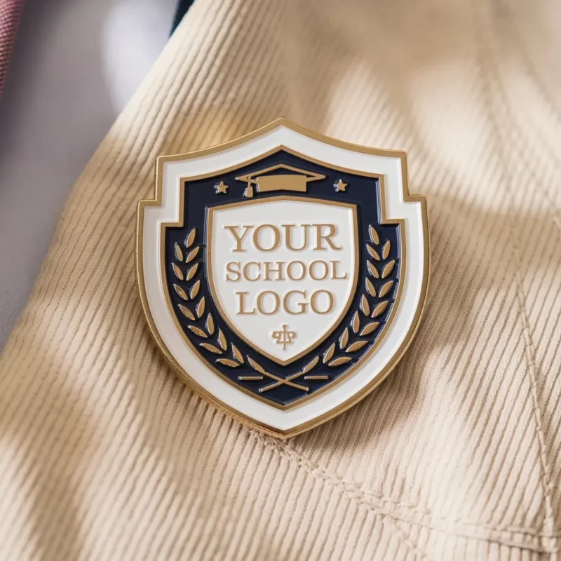Schulabzeichen-Mockup mit einer Anstecknadel mit dem Emblem der Schule und leuchtenden Farben, ideal für die Schülervertretung.
