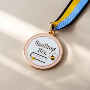 Eine glänzende Goldmedaille mit der Aufschrift "Spelling Bee Champion", die für hervorragende Leistungen bei einem Buchstabierwettbewerb verliehen wird.
