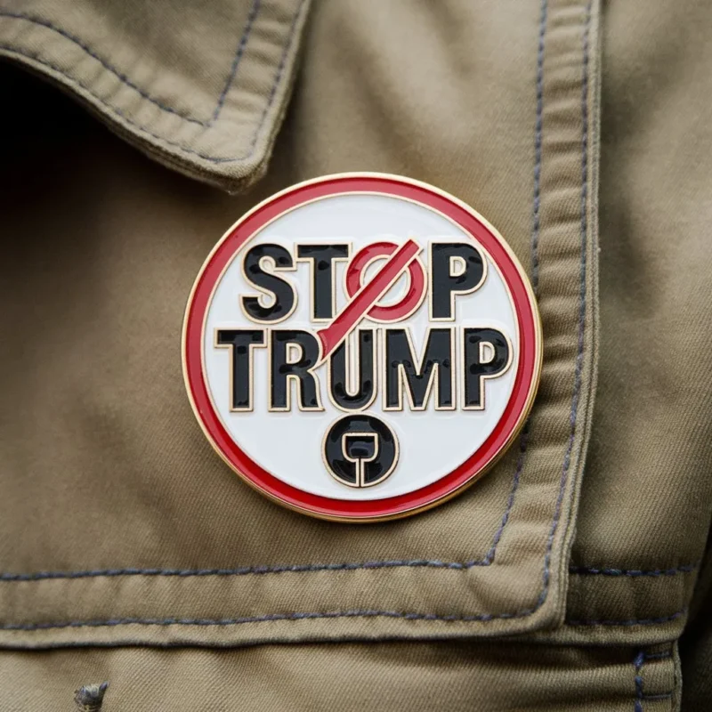 Eine Jeansjacke mit einer Anstecknadel "Stop Trump", die eine politische Haltung gegen Donald Trump darstellt.